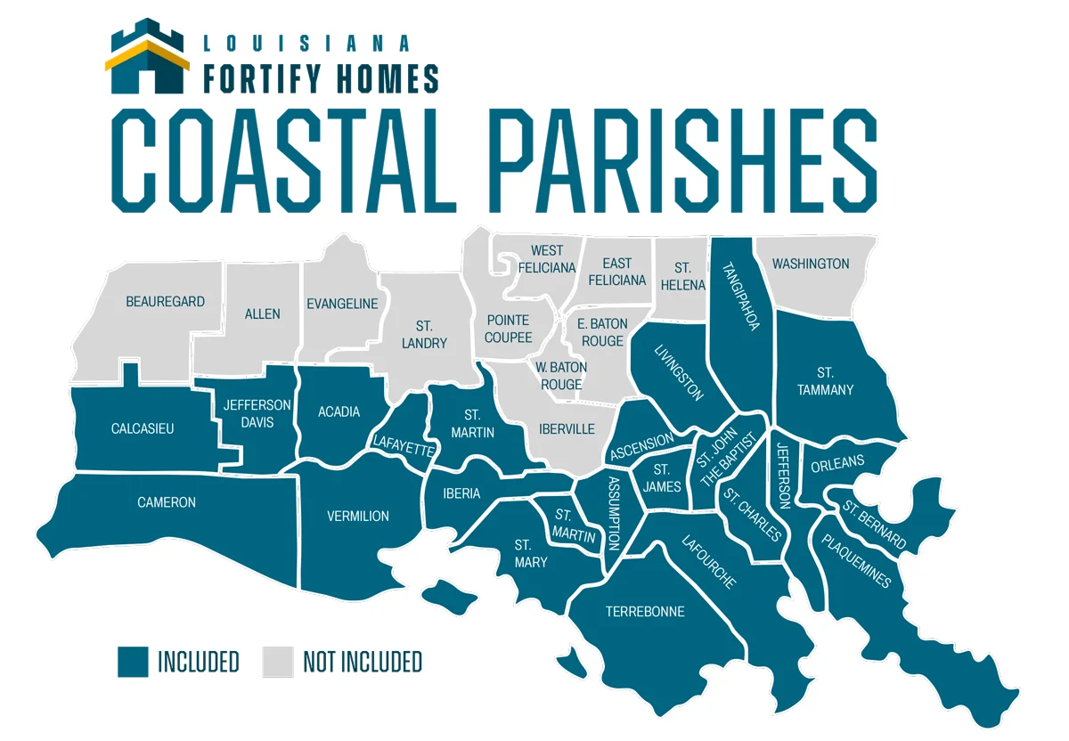 Louisiana Fortify Homes coverage map showing eligible coastal parishes, including all of St. Tammany Parish